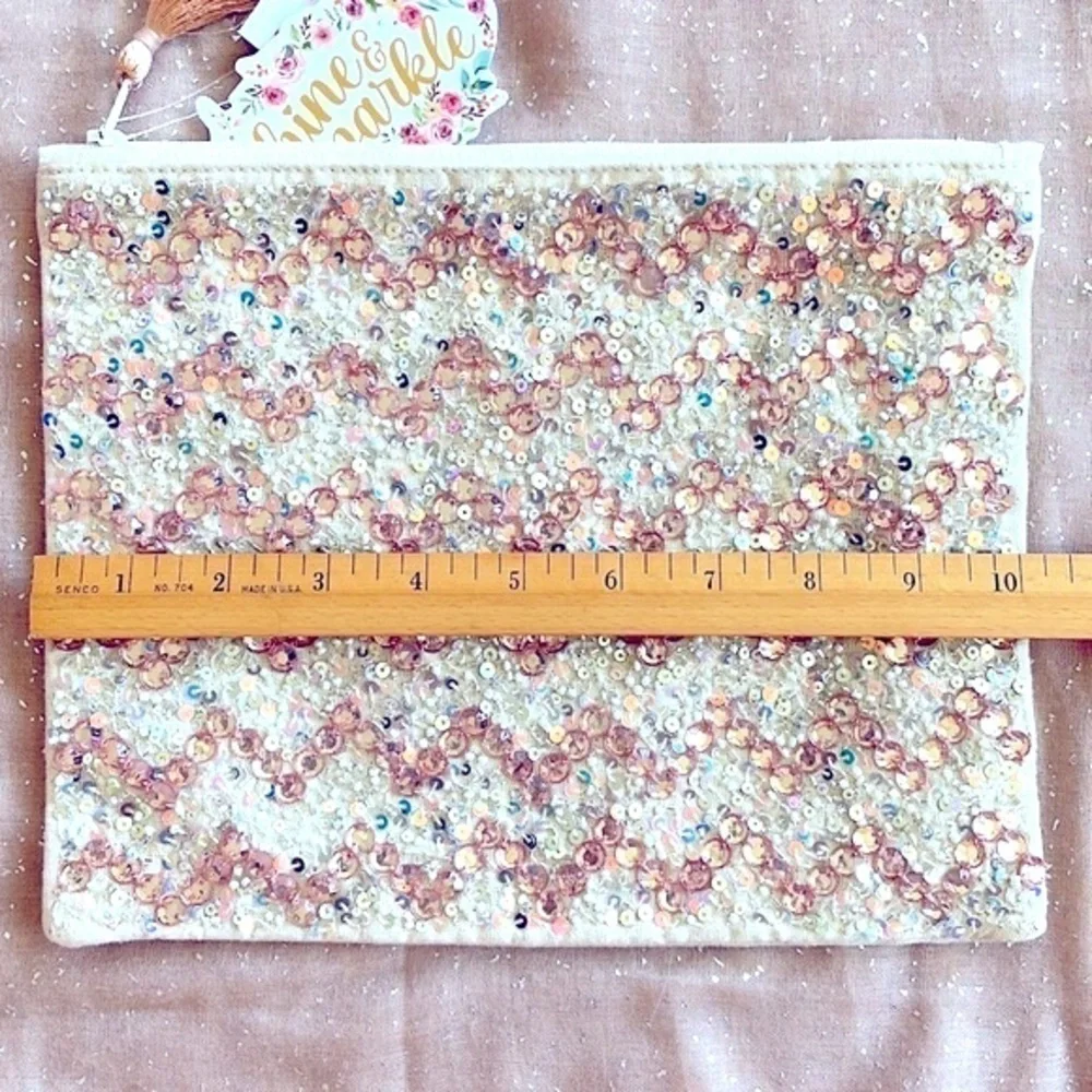 Brand New Handcrafted Embellished Sequined Bling Zippered Makeup Bag w/ Tassel